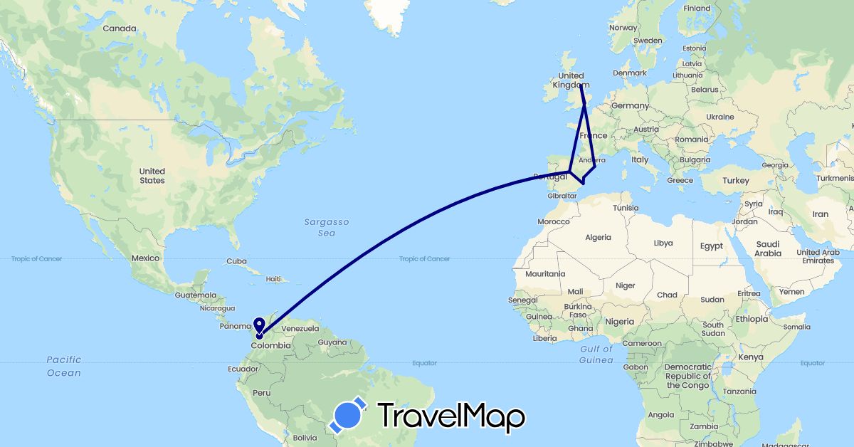 TravelMap itinerary: driving in Colombia, Spain, United Kingdom (Europe, South America)